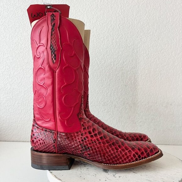 Rod Patrick Cowboy Boots Womens 10 AA Red Python Western Cowgirl Square Toe - Picture 2 of 12